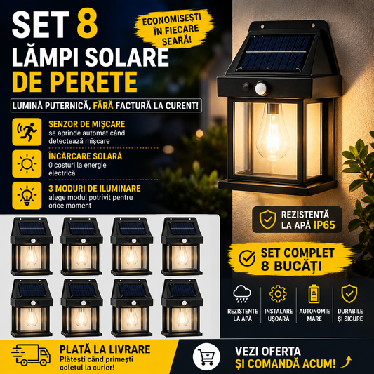 Set 8 Lămpi Solare de Perete cu Senzor de Mișcare, 3 Moduri, IP65