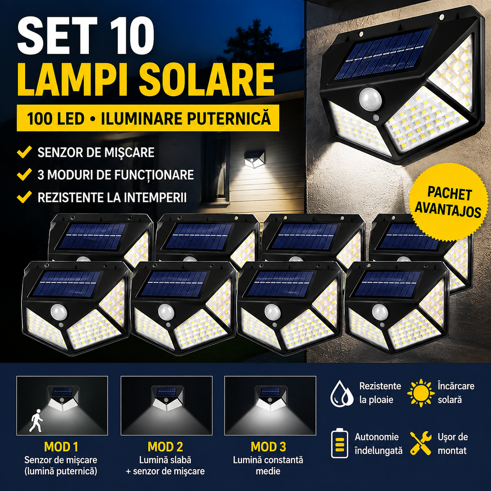 Set 10 Lampi Solare 100 LED – Senzor Miscare, 3 Moduri, Iluminare Exterior Puternica