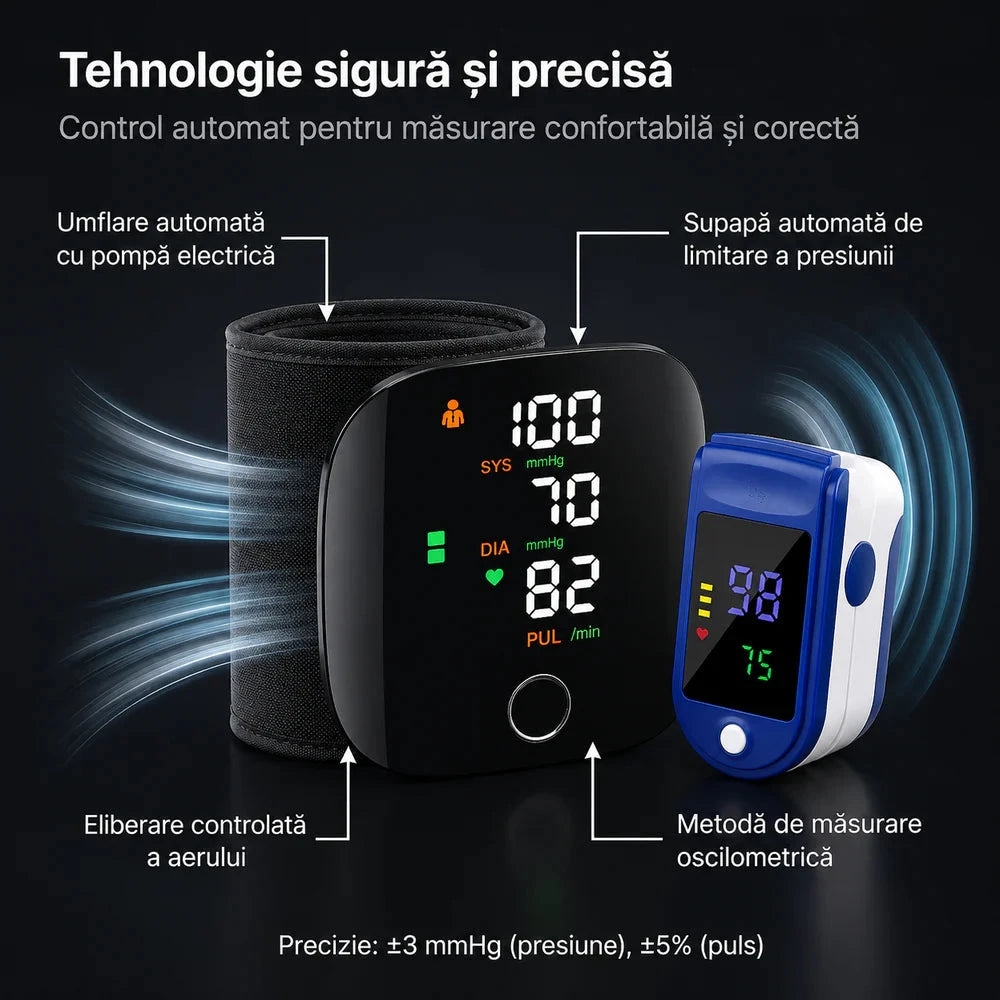 Pachet Monitorizare Sanatate 2 in 1 – Tensiometru Digital de Incheietura + Pulsoximetru OLED Cadou