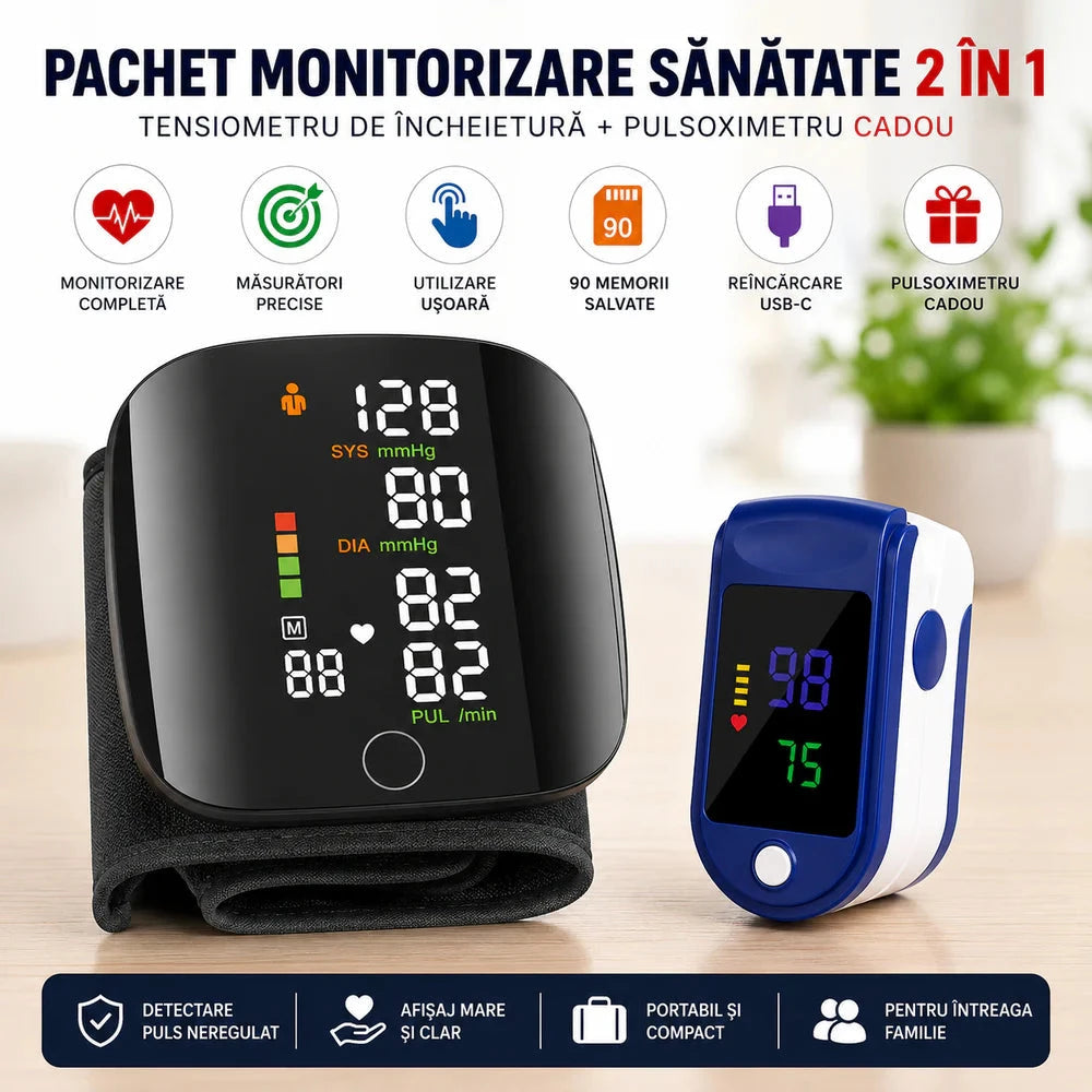 Pachet Monitorizare Sanatate 2 in 1 – Tensiometru Digital de Incheietura + Pulsoximetru OLED Cadou