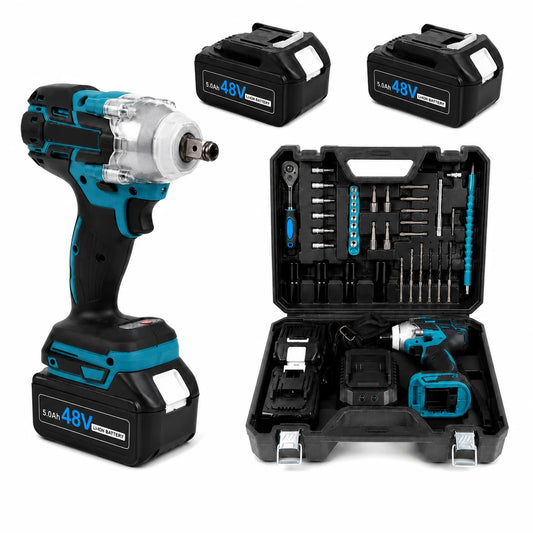 Trusa Masina de Impact si Insurubat 550Nm cu 2 Acumulatori 48V 5Ah, Motor Brushless, 43 Accesorii si Valiza Transport
