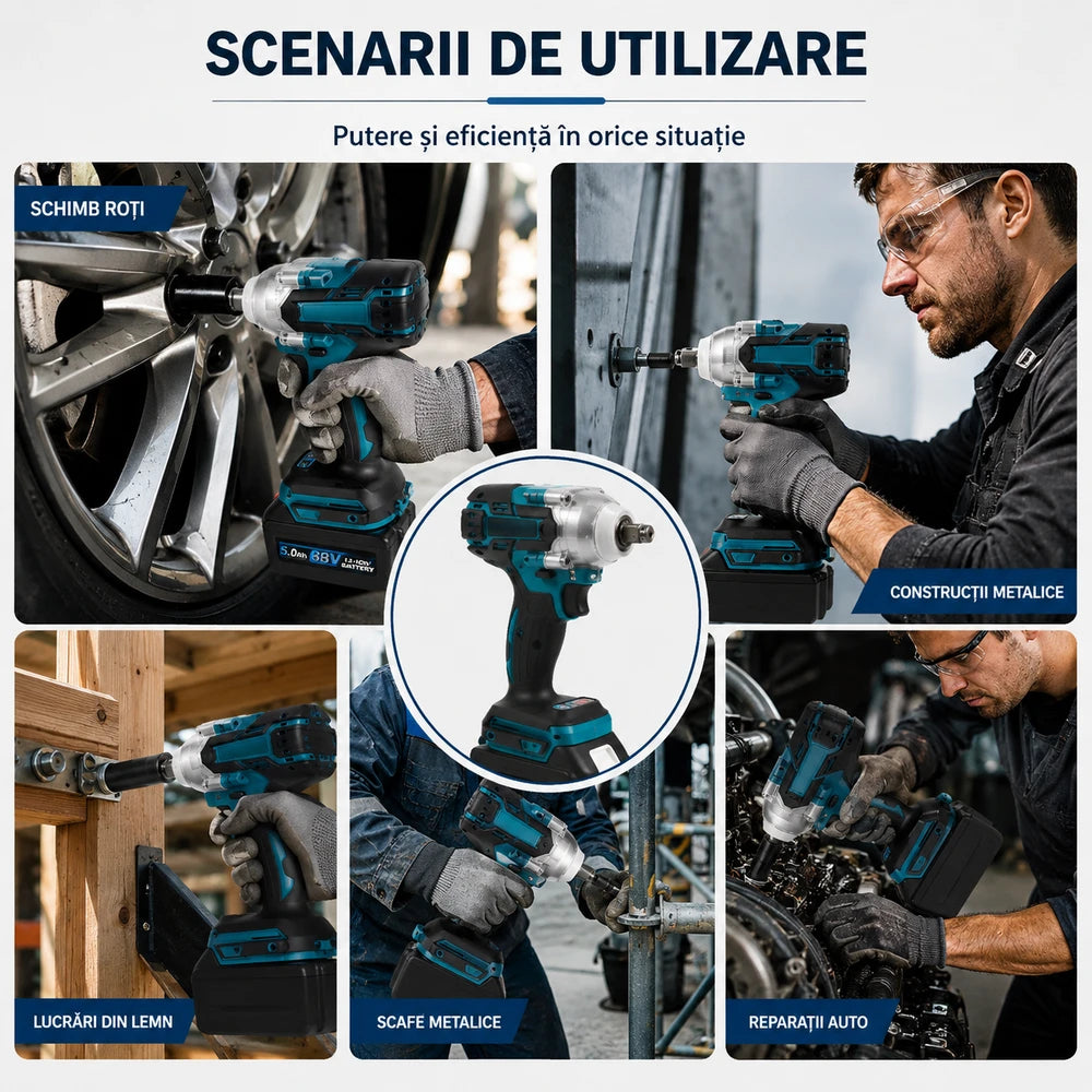 Trusa Masina de Impact si Insurubat 550Nm cu 2 Acumulatori 48V 5Ah, Motor Brushless, 43 Accesorii si Valiza Transport