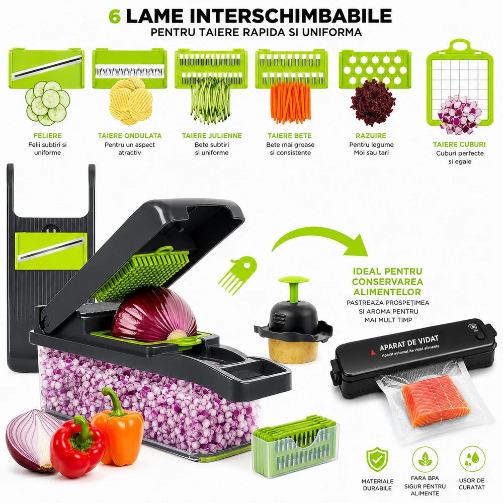 Razatoare Multifunctionala 15 Piese cu Lame Inox + Aparat de Vidat si Sigilat 90W