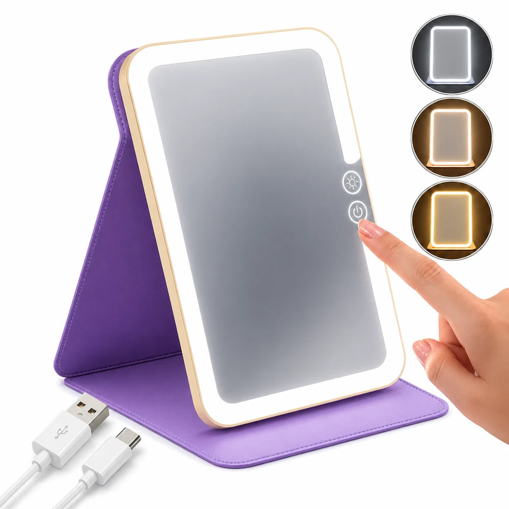 Oglindă Cosmetică LED Pliabilă – 3 Tipuri de Lumină, Control Tactil, USB
