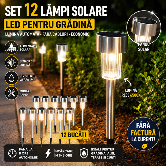 Set 12 Lămpi Solare Inox Pentru Grădină