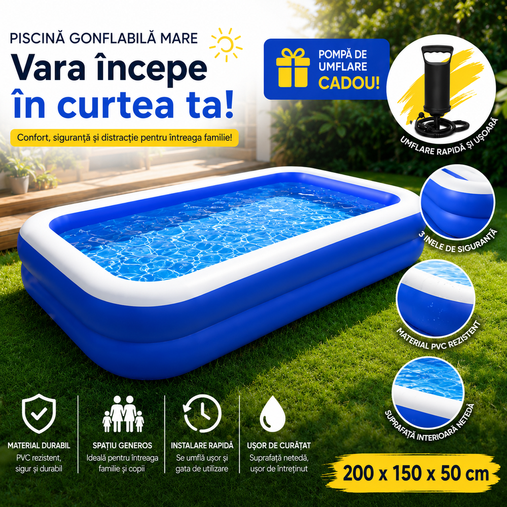Piscina gonflabila familiala 200x150x50 cm cu pompa de umflare cadou, PVC rezistent, 2 inele de aer