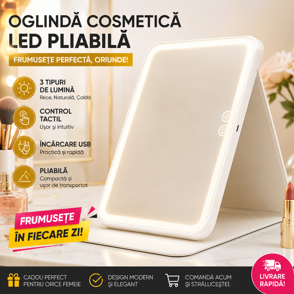 Oglindă Cosmetică LED Pliabilă – 3 Tipuri de Lumină, Control Tactil, USB