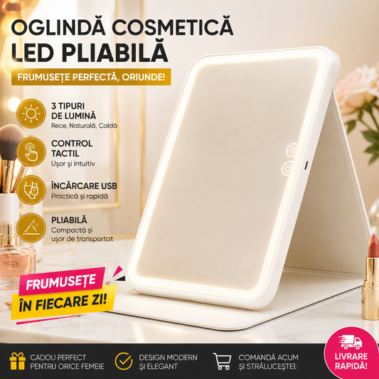 Oglindă Cosmetică LED Pliabilă – 3 Tipuri de Lumină, Control Tactil, USB