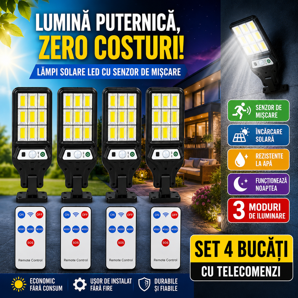 Set 4 Lămpi Solare LED cu Senzor de Mișcare, 60 LED, 800 lm, 3 Moduri, Telecomenzi